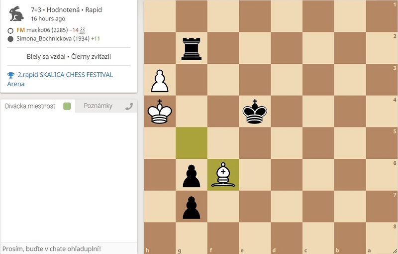 Víťaz turnaja skúsil ťahom 1.Sf6!? patový motív, prípadne likvidáciu pešiaka. Simonka "zabila" brutálne 1.. Vg4+!! s prechodom do vyhranej pešiakovej koncovky. 163