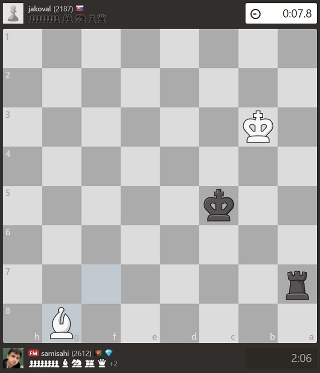 Ústup strelca na g8 bol v záverečnom kole turnaja hrubou chybou, ktorú však Samir nevyužil. Nájdete ju vy? 475