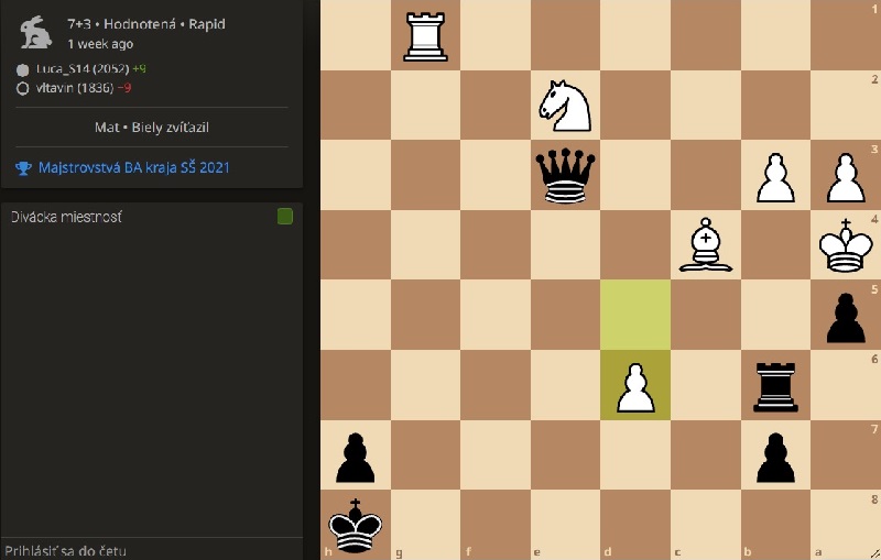 5.kolo: L.Strišková - M.Smidová 1:0 Biela na ťahu dá mat prvým ťahom, čierna na ťahu však tiež mohla vyhrať. Ako? 137