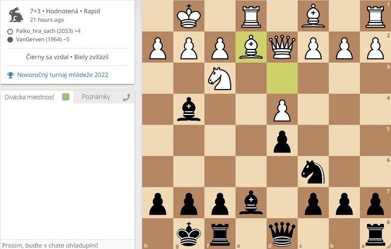 Rozhodujúci okamih turnaja. Najprv nelogická výmena lepšej figúry na f3 a následná pointa Riška v podobe nastavenia strelca na g5. Škoda. 177