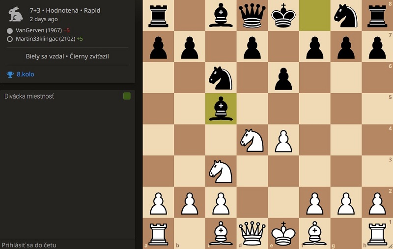 Rozhodujúci okamih turnaja, kde súperovo 5.. Sc5?! ostalo nepotrestané, naopak čierny rýchlo získal výhodu. 231